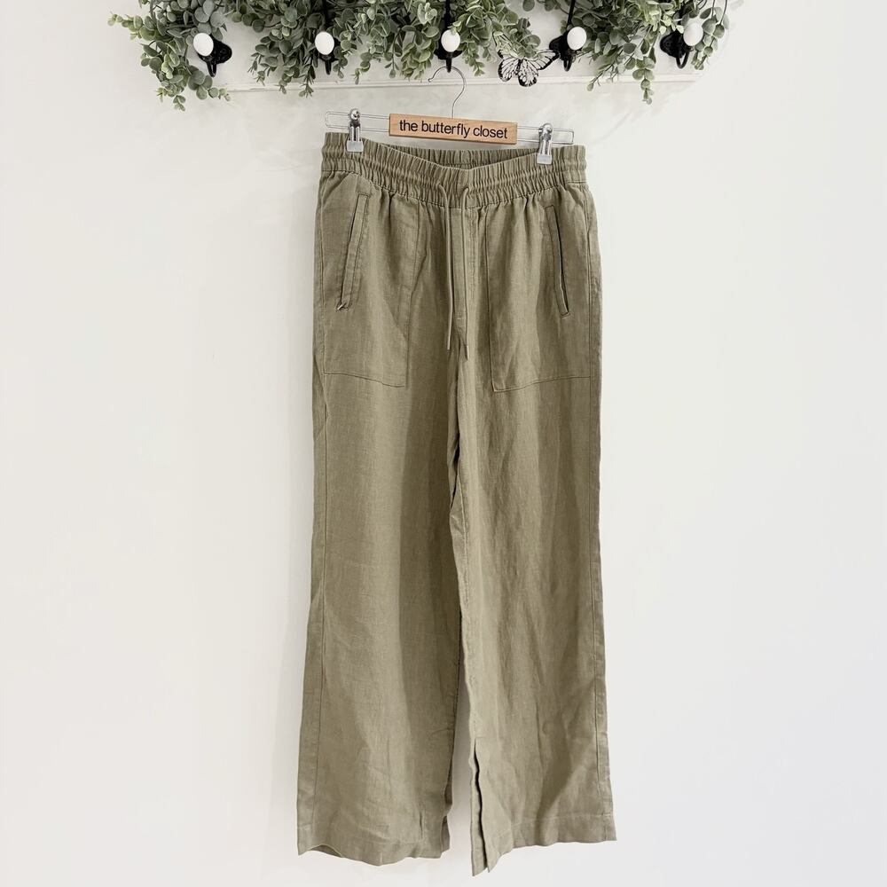 Athleta Retreat Linen High Rise Wide Leg Pant Size S 13 6007 green drawstring